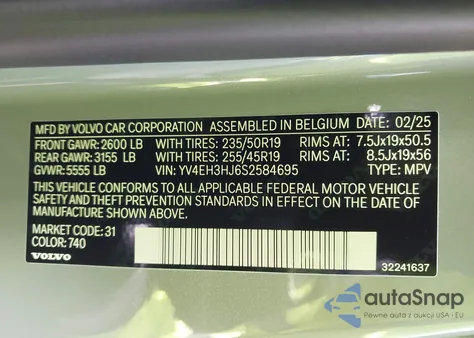 2025 Volvo Ex40 Core, Single Motor Extended Range, Fully Electric z USA, uszkodzony, nr VIN YV4EH3HJ6S2584695